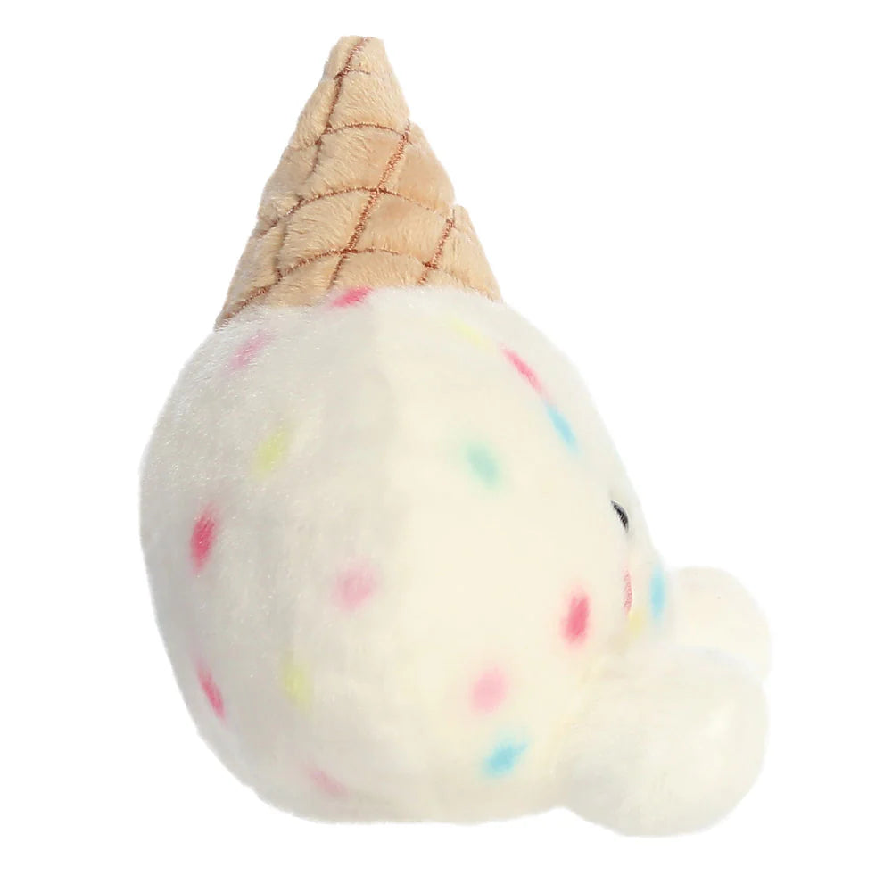 Plush toy shaped like an ice cream cone with a waffle cone top on a white background