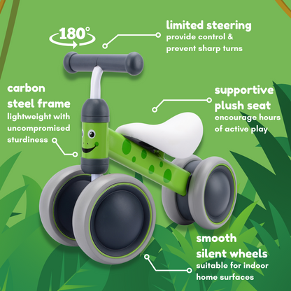 Green balance bike with features highlighted on a green background