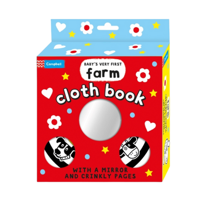 Box of 'Baby's Very First Farm Cloth Book' with a mirror and crinkly pages on a white background.
