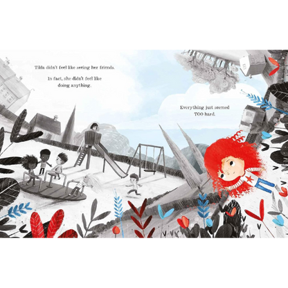 Illustration of a child with red hair sitting on a fence looking sad, with text about not wanting to see friends.