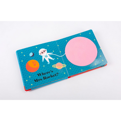 Children's book with space-themed illustrations on a white background