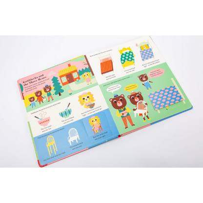 Children's book with colorful illustrations of bears and chairs on a white background