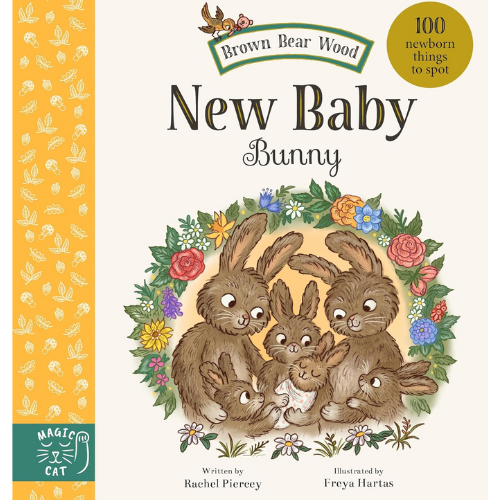 Book cover of 'New Baby Bunny' with illustrations of bunnies and flowers, featuring the title and author's name.