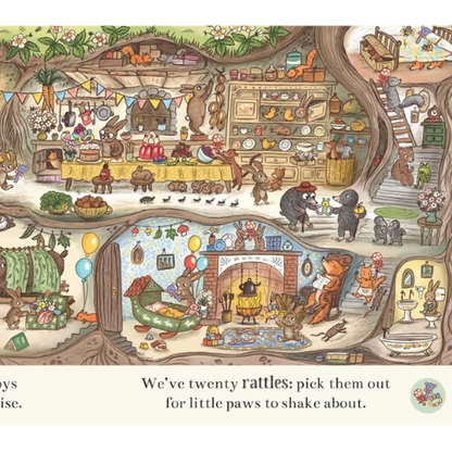 Illustration of a cozy interior with animals and children, featuring a fireplace and various activities.