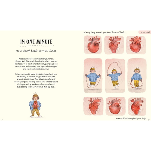 Educational illustration about heart function with heart diagrams and children playing.
