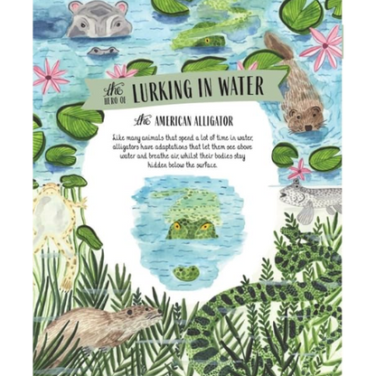 Illustrated book page about alligators in water with colorful illustrations and text.