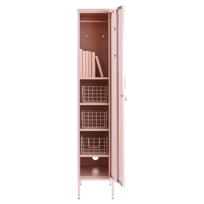 Pink storage cabinet with open doors on a white background