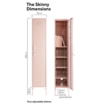 Dimensions of a pink locker with adjustable shelves on a white background