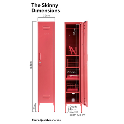 Red locker with dimensions labeled on a white background
