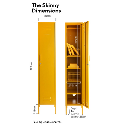Yellow locker with dimensions labeled on a white background
