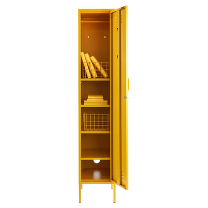 Yellow locker with open door on a white background