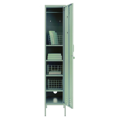 Metal locker with open door on a white background