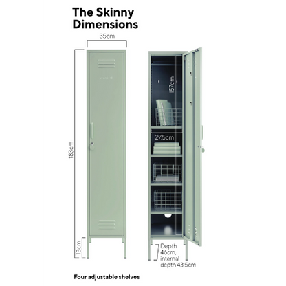 Dimensions of a green locker with adjustable shelves on a white background