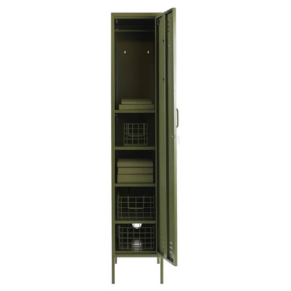 Green metal locker with open door on a white background