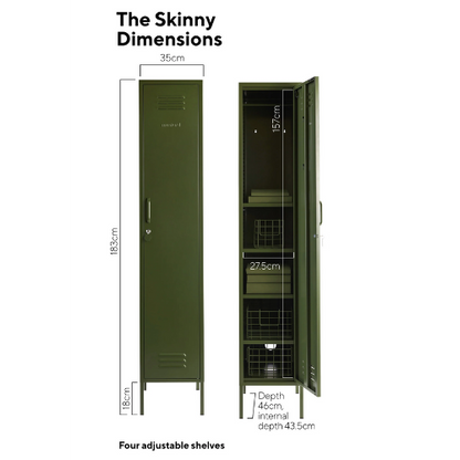Green locker with dimensions labeled on a white background