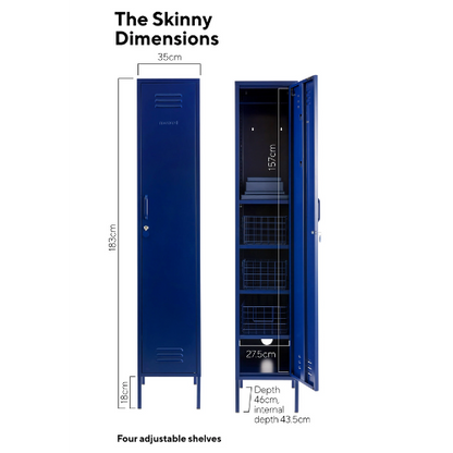 Blue locker with dimensions labeled on a white background