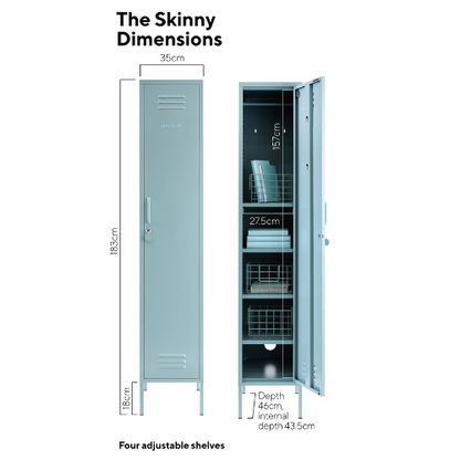 Metal locker with dimensions labeled on a white background