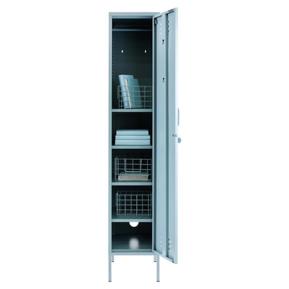 Metal locker with open door on a white background