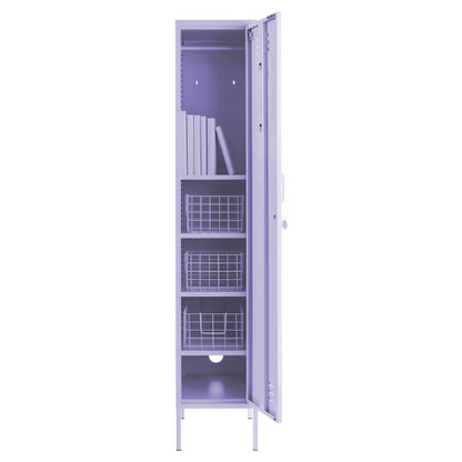 Purple storage cabinet with open door showing shelves and baskets on a white background