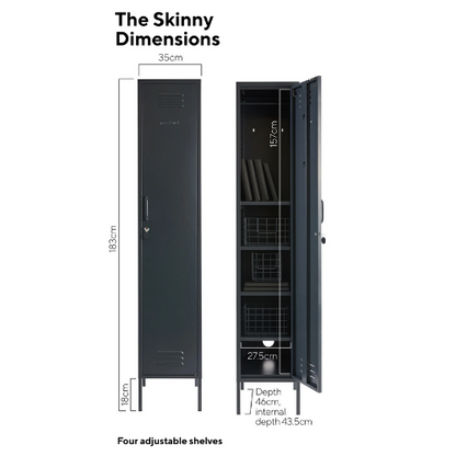 Black locker with dimensions labeled on a white background