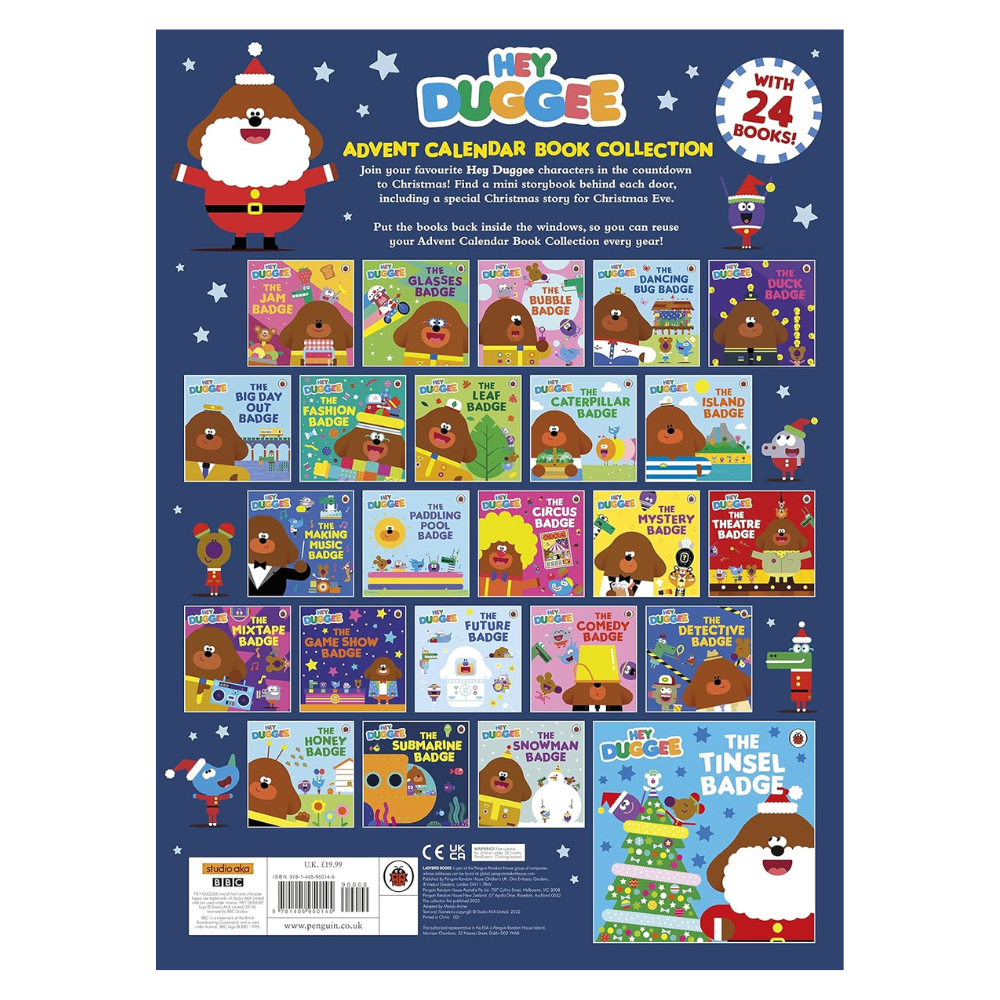 Advent calendar book collection for Hey Duggee with 24 books on a blue background