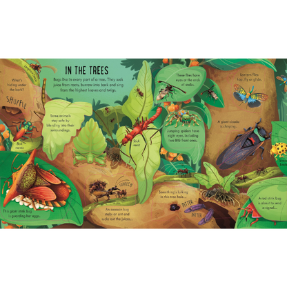 Illustrated book page showing various insects and animals in a forest setting.