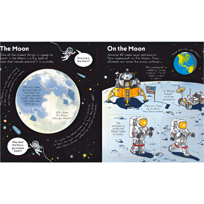 Illustrated book page about the Moon with text and graphics.