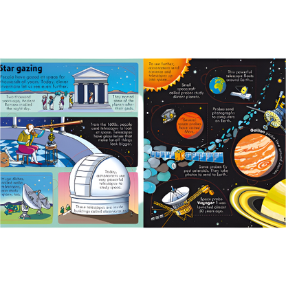Educational book about astronomy with illustrations of telescopes and space exploration.