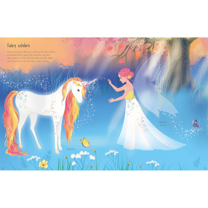 Illustration of a fairy and a unicorn in a magical forest setting