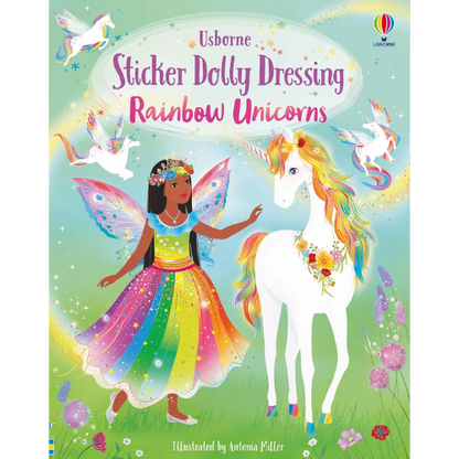 Book cover of 'Sticker Dolly Dressing Rainbow Unicorns' by Usborne with a fairy and unicorn on a colorful background.