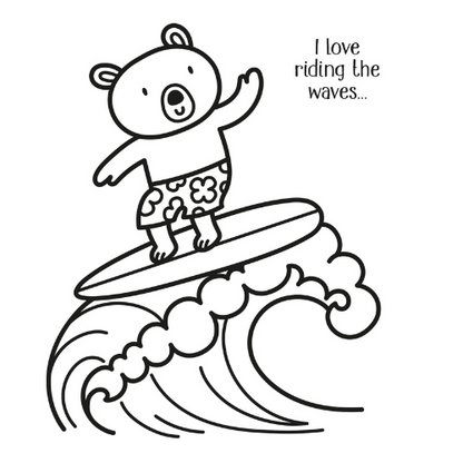 Cartoon bear surfing with text 'I love riding the waves' on a white background