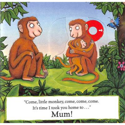 Illustration of two monkeys in a jungle setting with one holding a red circle and text.