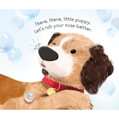 Illustration of a dog with text and bubbles on a light blue background