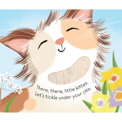 Illustration of a cat with text and flowers on a blue background
