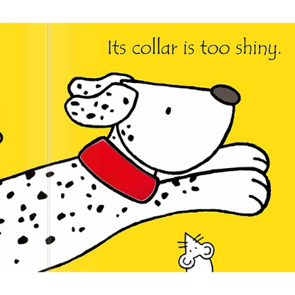 Cartoon dog with a shiny red collar on a yellow background