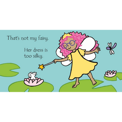 Illustration of a fairy with pink hair and a yellow dress on a blue background.