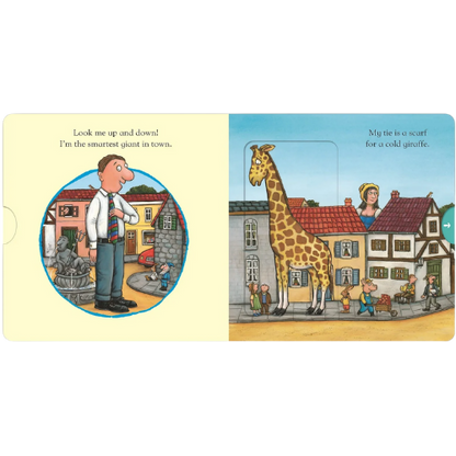 Illustration of a man and giraffe in a town setting with text on a yellow and blue background.
