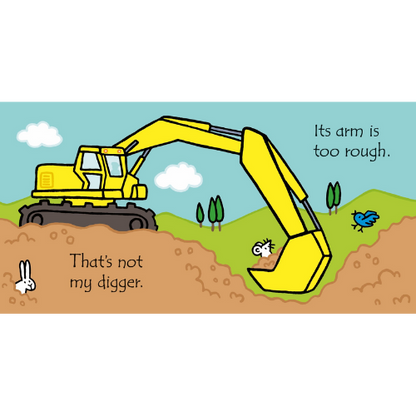 Cartoon excavator with text 'That's not my digger.' and 'Its arm is too rough.' on a blue sky and green landscape background.