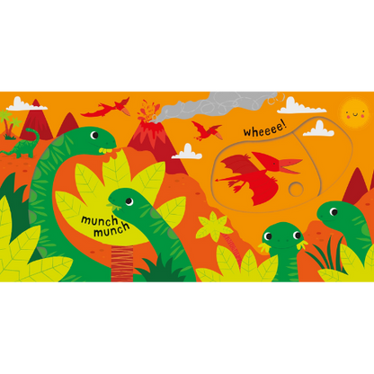Illustration of dinosaurs and a red bird on an orange background