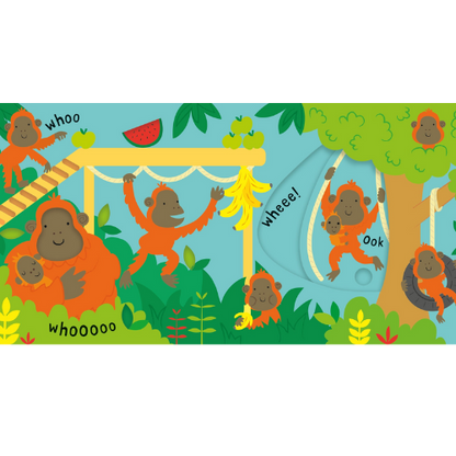 Illustration of orangutans in a jungle setting with various expressions and actions.