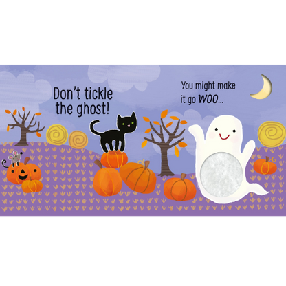 Halloween-themed illustration with a ghost, black cat, and pumpkins on a purple background.