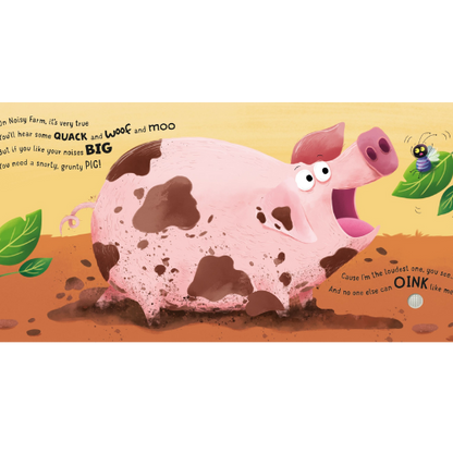 Illustration of a cartoon pig on a farm background with text