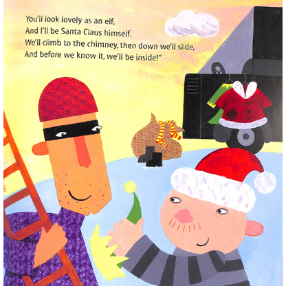 Illustration of a cartoon character in a Santa hat climbing a ladder with text about Santa Claus and an elf.