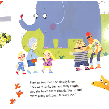 Illustration from a children's book with characters and an elephant in the background