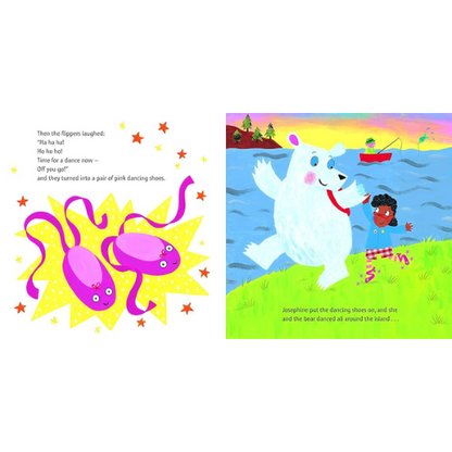 Illustrated book page with a bear and a child on an island, colorful text, and abstract shapes.