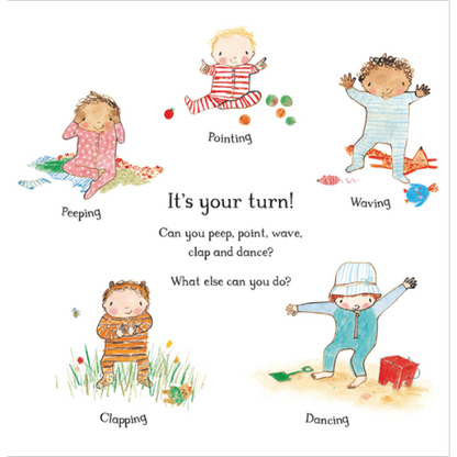 Illustrations of children performing various actions with text on a white background
