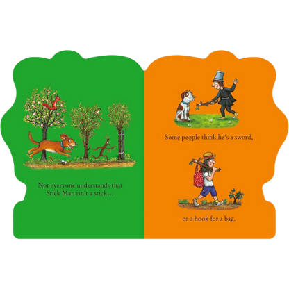 Illustrated book pages with characters and text on a white background