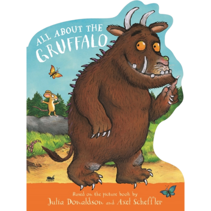 Book cover of 'All About the Gruffalo' with a large brown creature and a small mouse.
