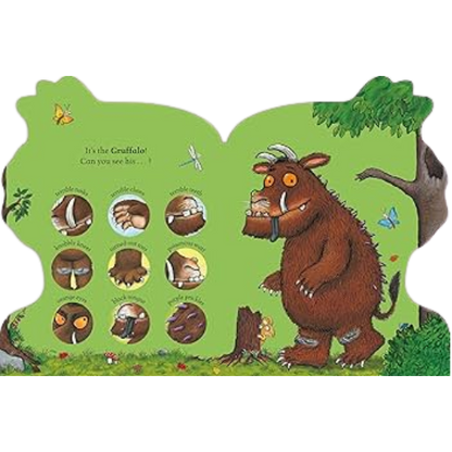 Children's book with illustrations of a gruffalo and its different facial expressions on a green background.