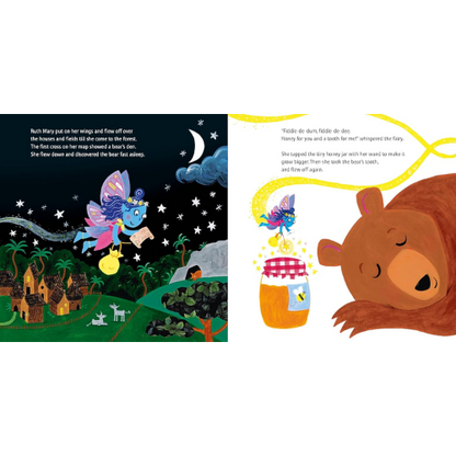 Illustrated book pages with a fairy and bear in a fantasy setting
